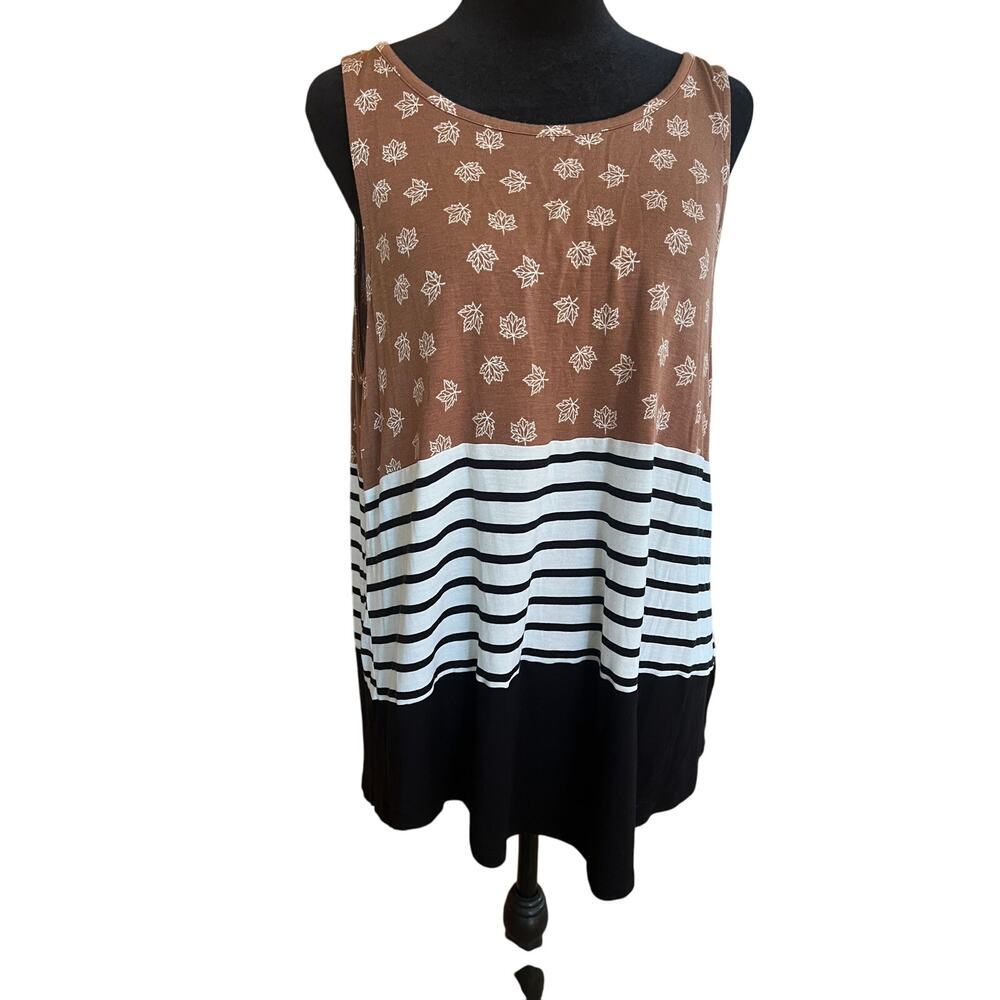 24/7 scoop neck tank top, brown, black white stripe, black, women's XL
